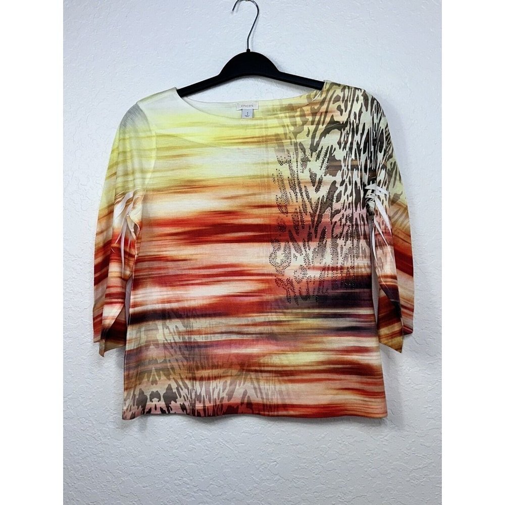 Chico’s Women’s Top Shirt Size 1 M Embellished Multicolor 3/4 Sleeve Made in USA